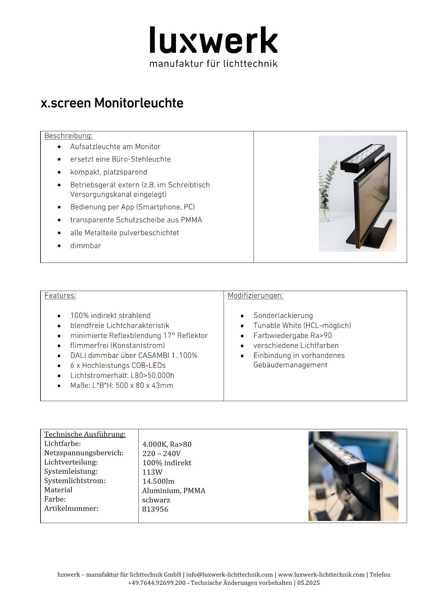 products specials x.screen monitorleuchte data sheet pdf page image